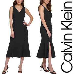 Calvin Klein Button Trim Midl Black Dress flounce hem
 Size: 6 New With tags